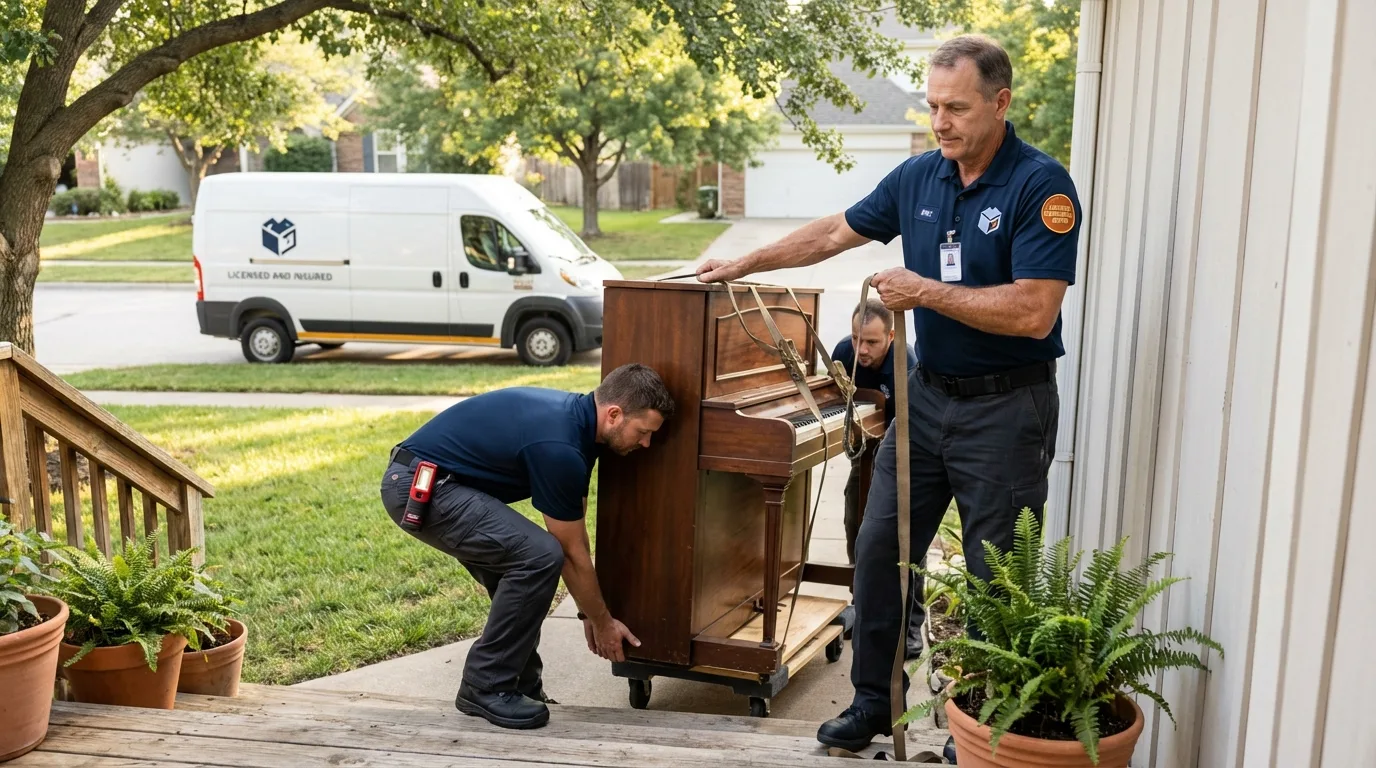 Licensed piano movers securing grand piano in Port Byron, NY