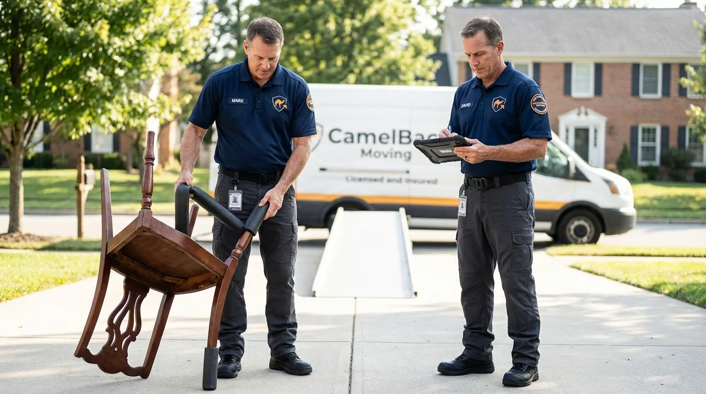 Movers inspecting furniture for damage prevention before loading in Port Byron, NY