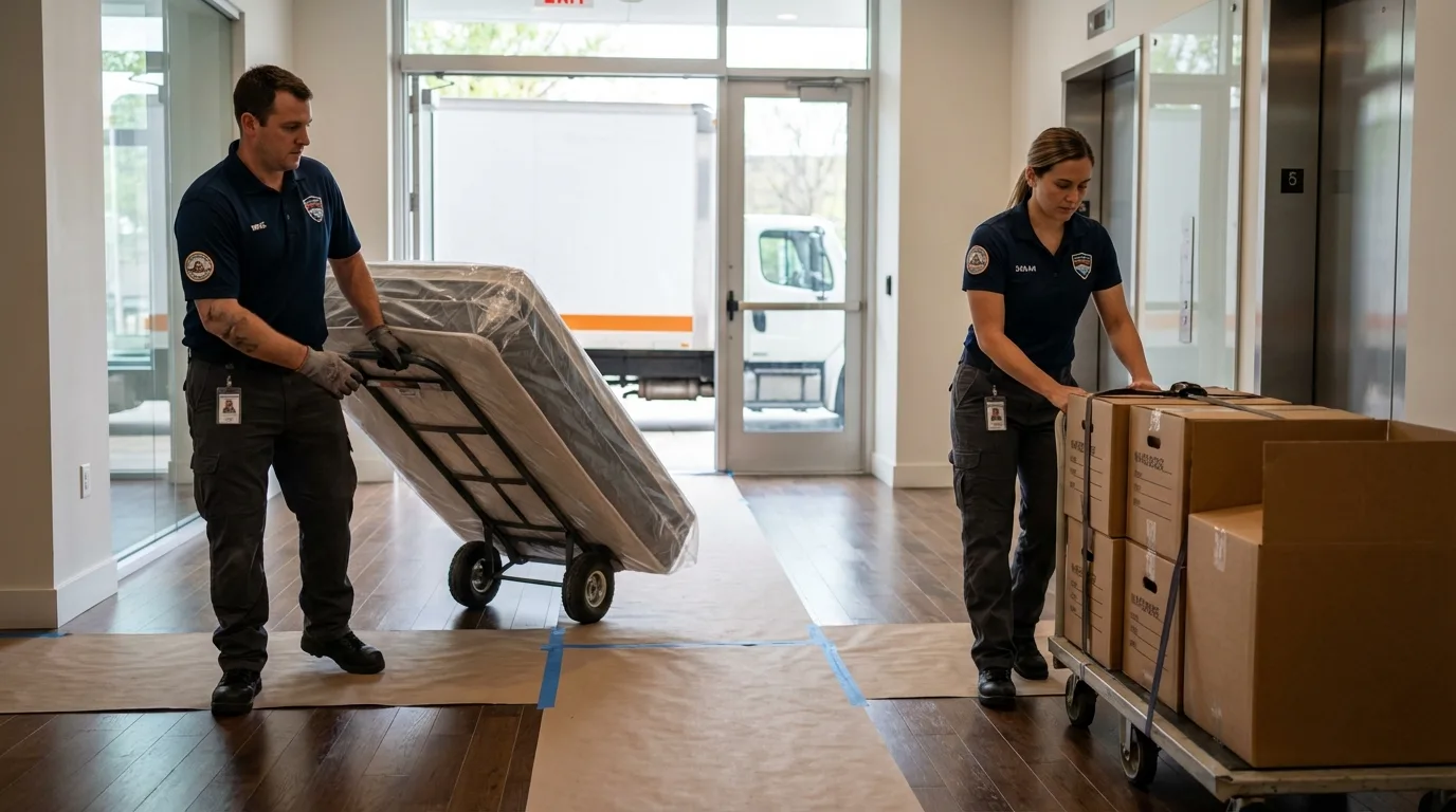 Professional apartment movers loading elevator in Port Byron, NY