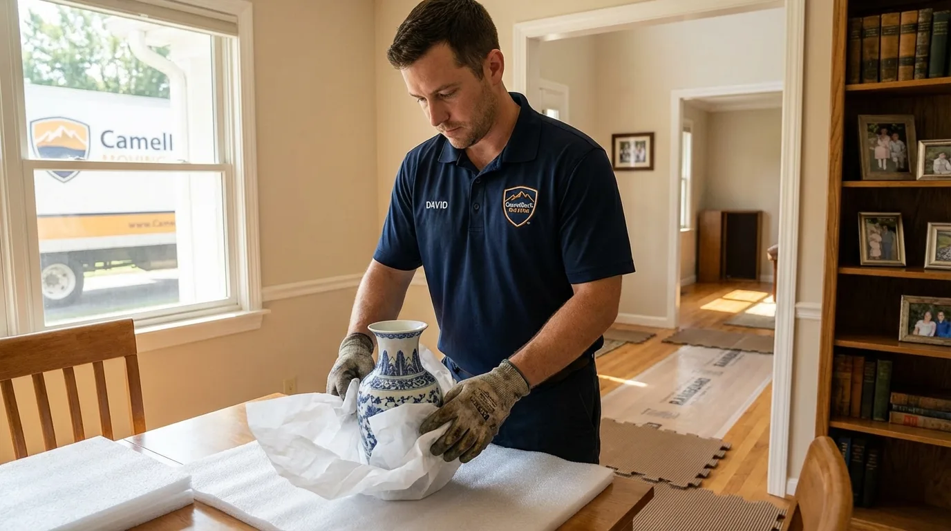 Professional crew carefully wrapping antique vase for senior downsizing move in Port Byron, NY